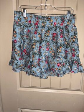 Umgee Sky Blue Floral Ruffle Skort with Pink & White Blooms